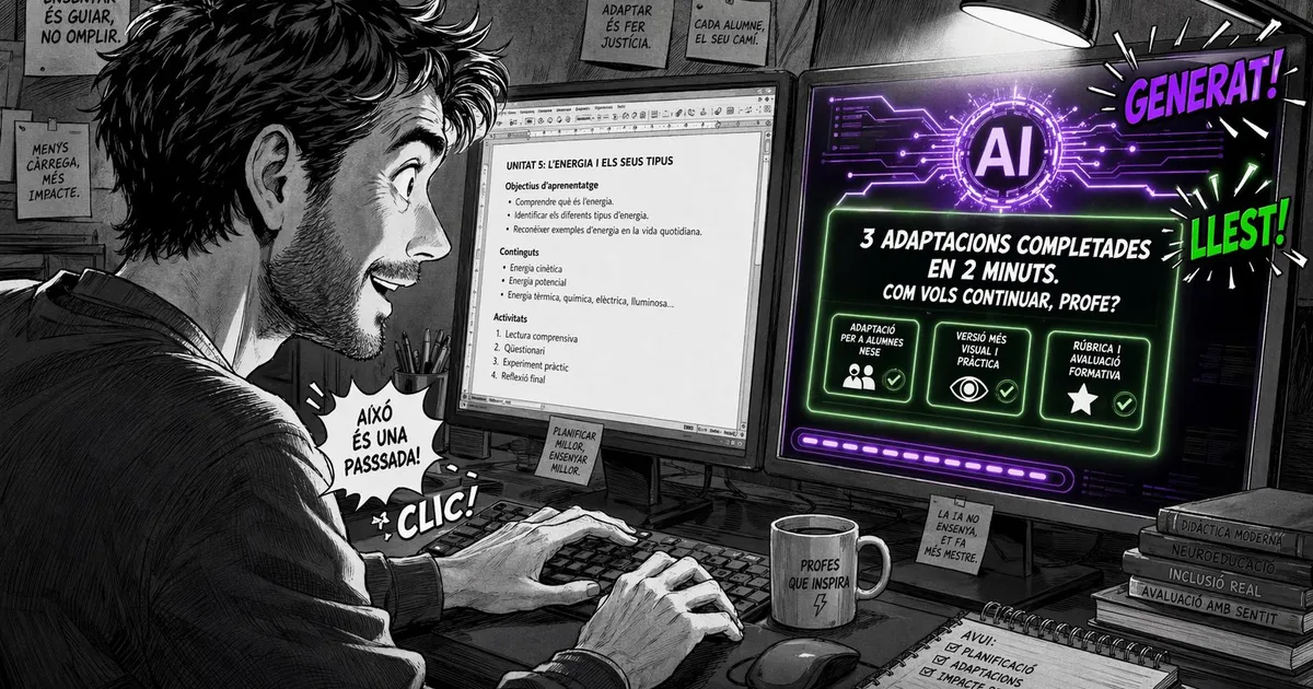 Il·lustració d'una aula amb un professor utilitzant tecnologia per atendre diferents nivells d'alumnat de forma personalitzada.