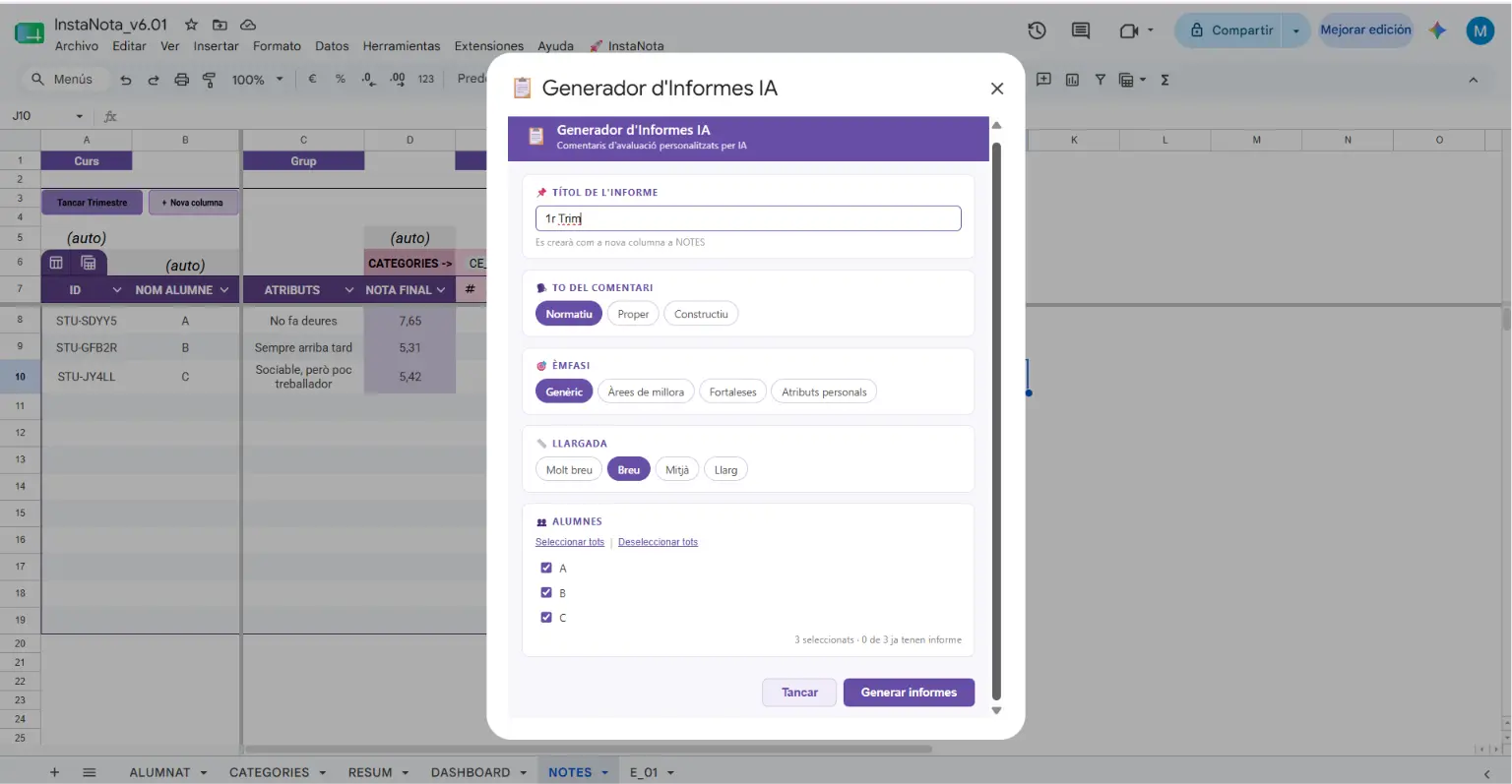 8. Generació automàtica de comentaris per a butlletins